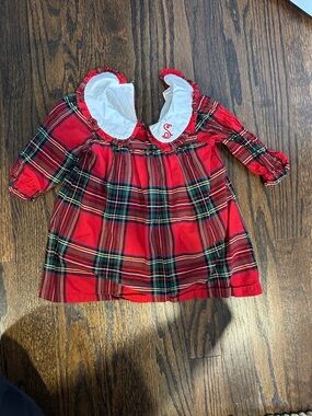Monogram “s” on collar- Red Plaid Holiday Dress with White Peter Pan Collar